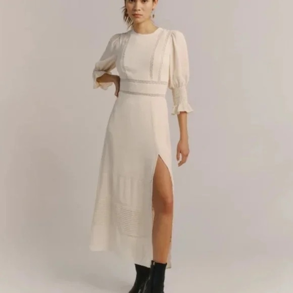 Reformation Women's 12 Cream Merritt Lace Flowy Smocked Romantic Midi Dress EUC